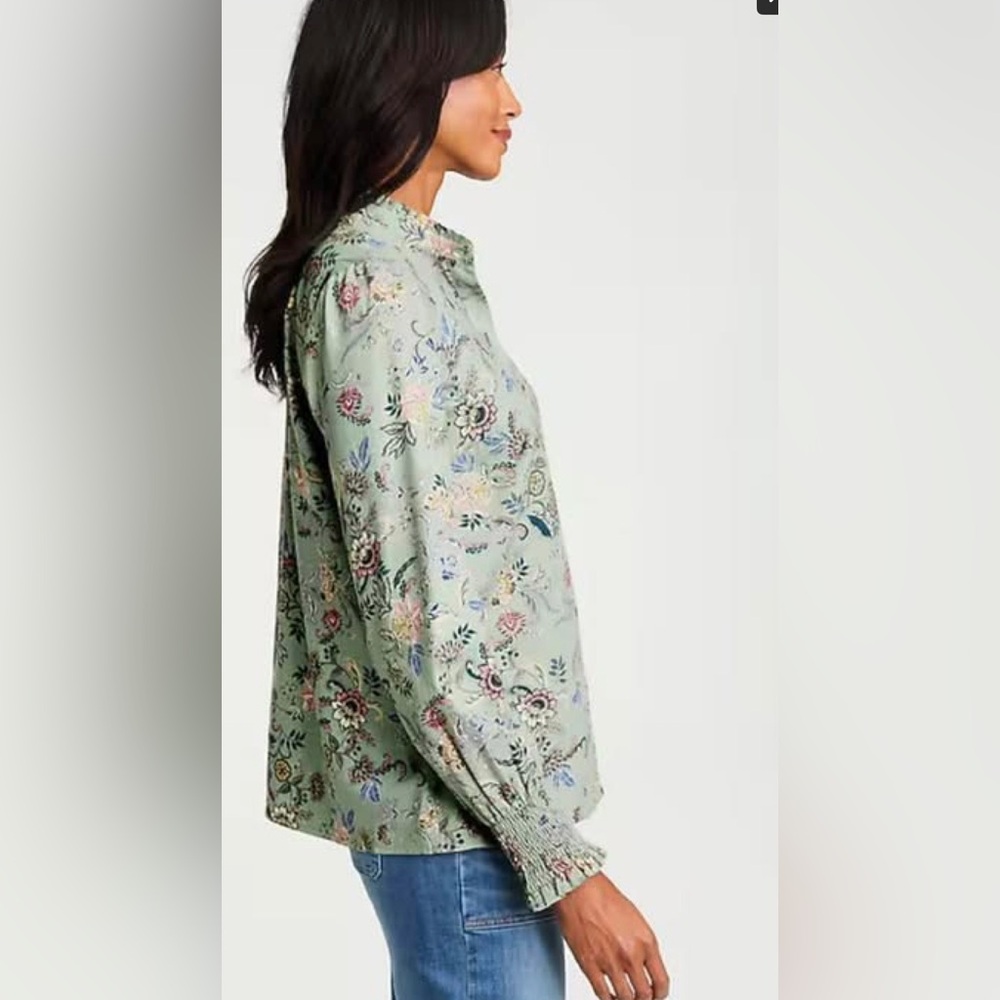 J JILL RUFFLED NECK BLOUSE GREEN/MULTI SIZE LARGE NWT! - Picture 3 of 7